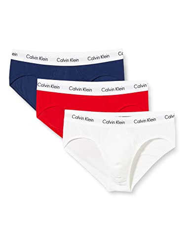 Calvin Klein Hombre Pack de 3 Calzoncillos Hip Briefs Algodón con Stretch, Multicolor (White/Red Ginger/Pyro Blue), L