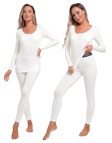 INNERSY Ropa Interior Térmica Mujer Camiseta Manga Larga Pantalon Termico Invierno Grosor Ligero (S, Blanco)