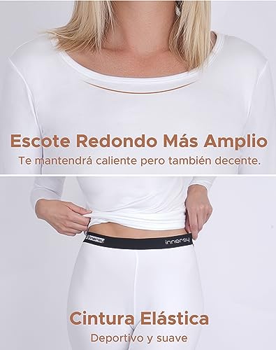 INNERSY Ropa Interior Térmica Mujer Camiseta Manga Larga Pantalon Termico Invierno Grosor Ligero (M, Blanco)