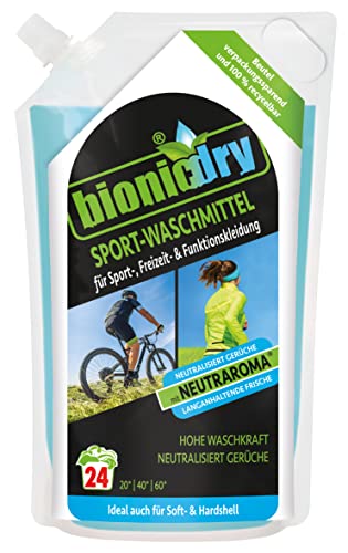 Bionicdry Detergente para deportes, limpieza + protección de ropa para cualquier condición meteorológica – ideal para exterior, deporte y ropa funcional, sin PFC, 24 lavados, 960 ml