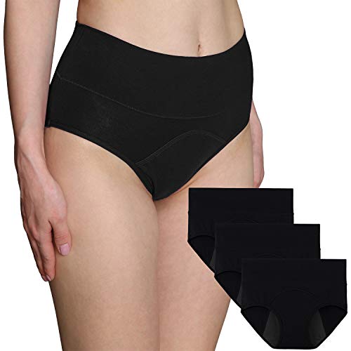 INNERSY Bragas Mujer Período Menstruales de Cintura Alta de Algodón Protección Ropa Interior Pack de 3(XL-EU 44, 3 Negro)