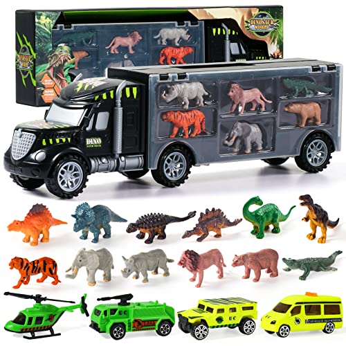 Dinosaurios Juguetes Niños 3 4 5 6 Años,Camion Juguete Transportador con 12 Dinosaurios Animales de Juguetes 3 Coches y 1 Helicoptero,Juegos Educativos Juguetes para Niños Niñas