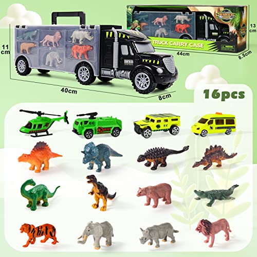 Dinosaurios Juguetes Niños 3 4 5 6 Años,Camion Juguete Transportador con 12 Dinosaurios Animales de Juguetes 3 Coches y 1 Helicoptero,Juegos Educativos Juguetes para Niños Niñas